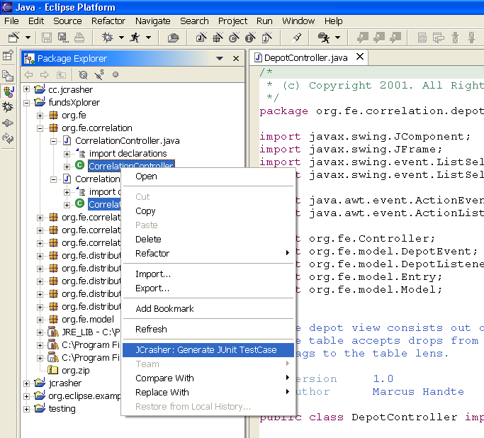 Figure 1. JCrasher invoked as an Eclipse plug-in.